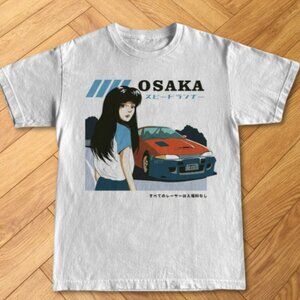 White Osaka Speed Runner Anime Girl JDM Car Racing Graphic Tee